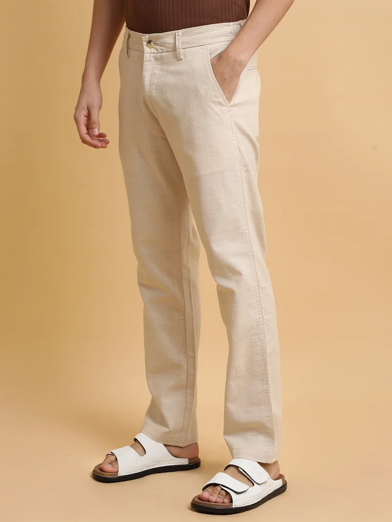 مانياك Maniac Mens Italy Linen Solid Cream Cotton Trouser